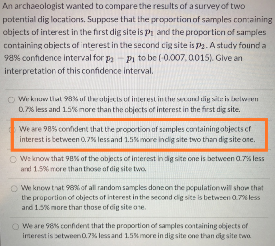 An archaeologist wanted to compare the results of a survey of two potential dig locations. Suppose that the proportion of sam