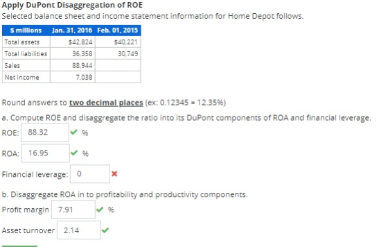Apply DuPont Disaggregation of ROE Selected balance sheet and income statement information for Home Depot follows. $ millions