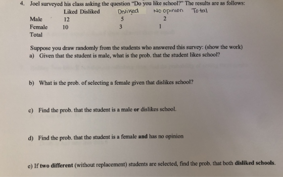 4. Joel surveyed his class asking the question Do you like school? The results are as follows: Male Female Total Liked Disliked DSİKed No opinion Total 12 10 Suppose you draw randomly from the students who answered this survey: (show the work) a) Given that the student is male, what is the prob. that the student likes school? b) What is the prob. of selecting a female given that dislikes school? c) Find the prob. that the student is a male or dislikes school. d) Find the prob. that the student is a female and has no opinion e) If two different (without replacement) students are selected, find the prob. that both disliked schools.