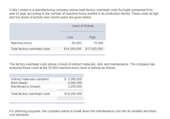 Colby Limited is a manufacturing company whose total factory overhead costs fluctuate somewhat from year to year, according to the number of machine-hours worked in its production facility. These costs at high and low levels of activity over recent years are given below Level of Activity Low High Machine-hours 50,000 75,000 Total factory overhead costs $14,250,000 $17,625,000 The factory overhead costs above consist of indirect materials, rent, and maintenance. The company has analyzed these costs at the 50,000 machine-hours level of activity as follows: Indirect materials (variable) Rent (fixed) Maintenance (mixed) 5,000,000 6,000,000 3,250,000 Total factory overhead costs 14,250,000 For planning purposes, the company wants to break down the maintenance cost into its variable and fixed cost elements.