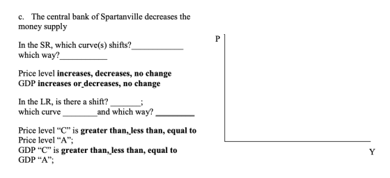 c. The central bank of Spartanville decreases the money supply In the SR, which curve(s) shifts? which way? Price level incre