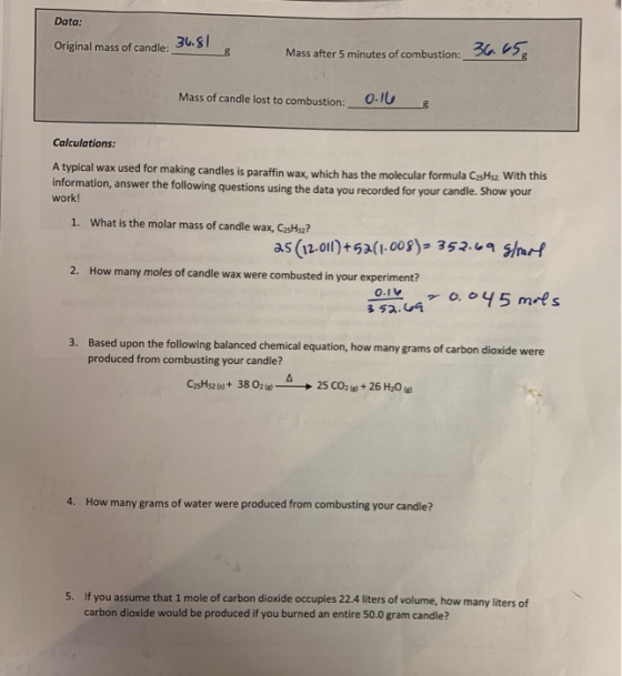 Data: Original mass of candle: 30.81 Mass after 5 minutes of combustion: 369 Mass of candle lost to combustion: 0:16 Calculat