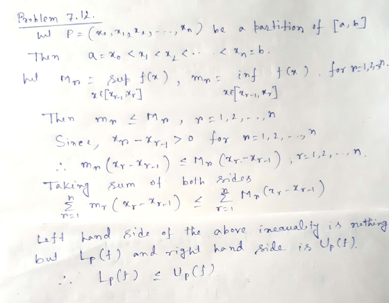 [a, b ] Problem 7.12. mit P = (no, nigdegree, and be a partition of Then a = No <x, cxca.can=b. het Mor Sup f(x), mas inf f(x