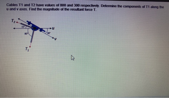 Cables T1 and T2 have values of 800 and 300 respectively. Determine the components of T1 along the u and v axes. Find the mag