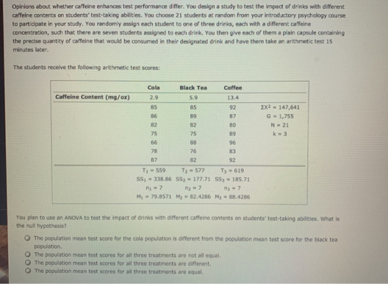Opinions about whether caffeine enhances test performance differ. You design a study to test the impact of drinks with differ