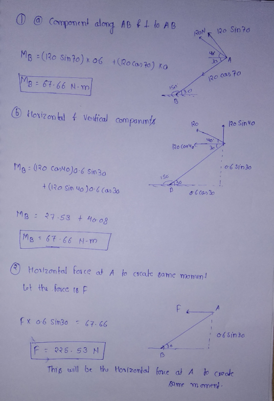 - @ Component along AB ft to AB 120 Sinto DOA MB = (180 Sinto) x 0.6 + (Roconto) xo My = 67.66 Nm Rocas 7o) xo Rocas 7o 6 Hor