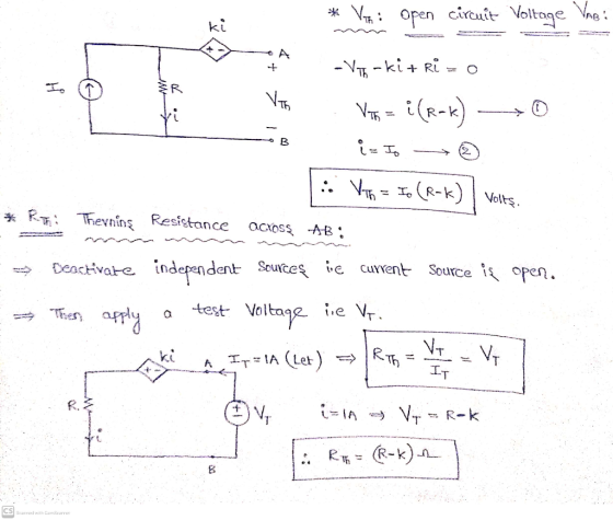 * Vih: open circuit Voltage Vagi ki с А Is o :R Vih -V6-ki+ Ri = 0 Vm = i(rak) B ů= Io :: VT6 = Io (R-K) Volts. * Rai Thevnin