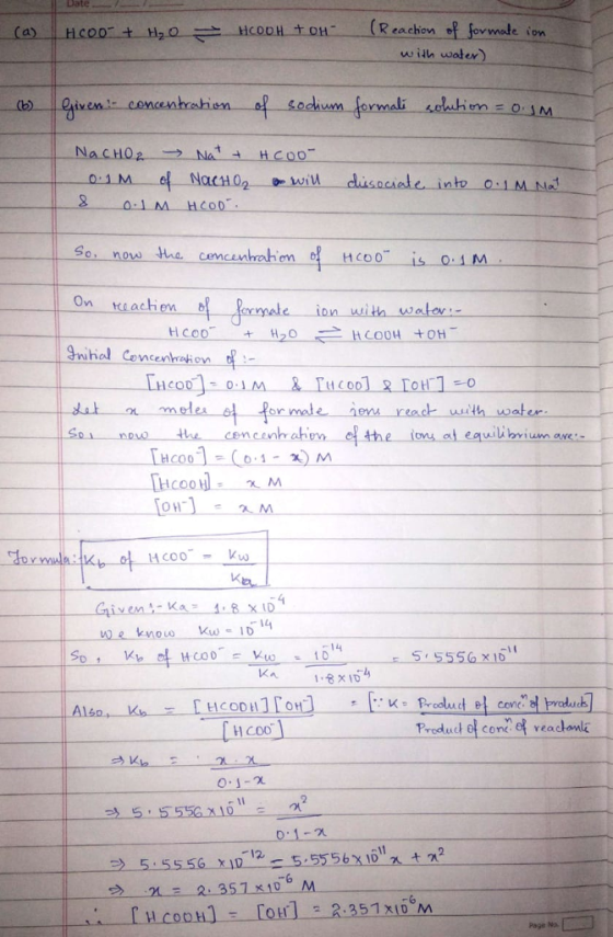 (R eachion of fovmate ion w ith woter iv も‘ So, now the cemanhahm HC00 On eacen male ion with watev with water thhe the ion at equili hrium ane CoOH O H know Kw-1d 14 5 5556 X10 Product of conof veachonlz 2L ! а 5,55% х 10 2.351 XIDM Page No.
