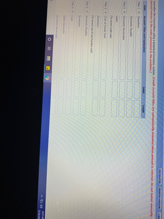 CALCULATOR PRINTER VERSION BA Journalize the transactions using a perpetual inventory system. (Credit account titles are auto