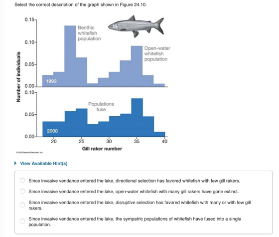 Select the correct description of the graph shown in Figure 24.10. 0.157 Benthic whitefish population 0.10- Open-water whitef