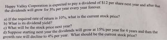 a dividend of $12 per share next year and after that Happy Valley Corporation is expected to pay the dividends will grow for 5% per year every year forever. a) If the required rate of return is 10%, what is the current stock price? b) What is its dividend yield? c) What will be the stock price next year? d) Suppose starting next year the dividends will grow at 15% per year f growth rate will decline to 4% per year. What should be the current st ock price?