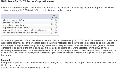 TB Problem Qu. 12-179 Recher Corporation uses ... Recher Corporation uses part 089 in one of its products. The companys Acco