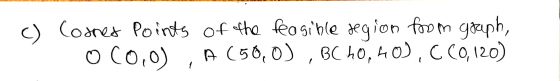 . c) Cosnes Points of the feasible region from graph, 0 C0,0) , A (50,0), BCHO, 40), C (0,120)