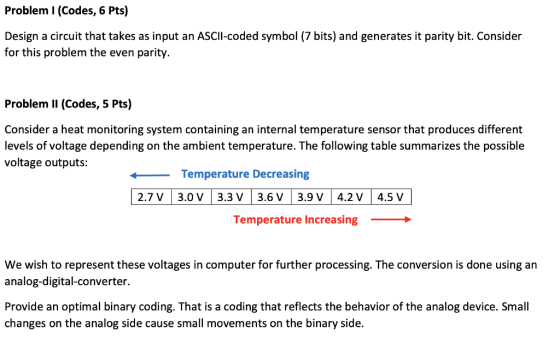 Problem I (Codes, 6 Pts) Design a circuit that takes as input an ASCII-coded symbol (7 bits) and generates it parity bit. Con
