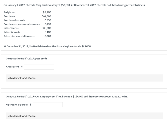 On January 1, 2019, Sheffield Corp. had inventory of $52,000. At December 31, 2019, Sheffield had the following account balan