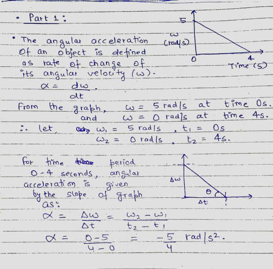 o Part 1: 5 4 Time 15) The angular acceleration tradest of an object is defined as rate of change of its angular velocity (w)