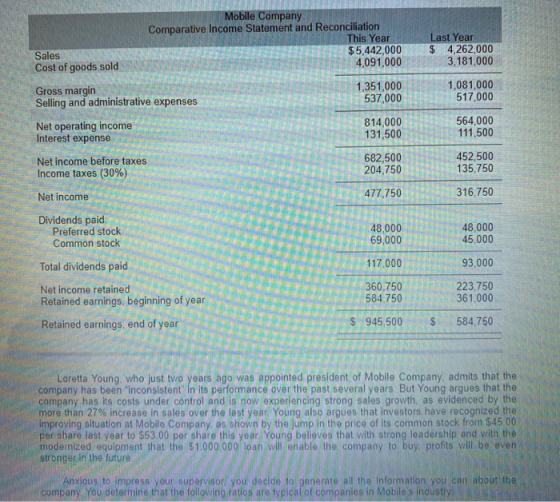 Mobile Company Comparative Income Statement and Reconciliation This Year $5,442,000 4,091,000 Last Year $ 4,262,000 3,181,000