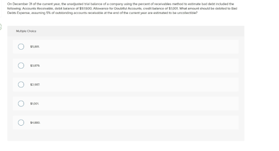 On December 31 of the current year, the unadjusted trial balance of a company using the percent of receivables method to esti