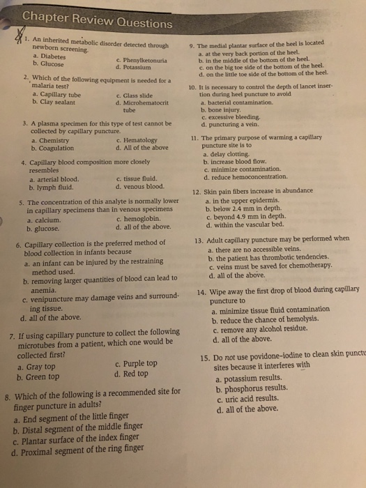Chapter Review Questions 1. An inherited metabolic disorder detected through newborn screening a. Diabetes b. Glucose 9. The