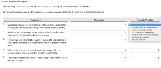 Current Attempt in Progress The following control procedures are used in Keaton Company for over-the-counter cash receipts. (