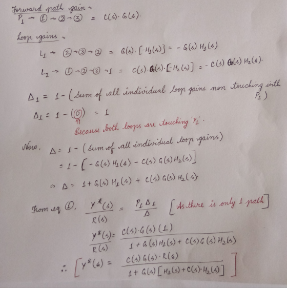 Forward path gain - P. 3 = c(s). G(s). Loop gains - 4 > -->2 - G(). [-He(s)} = - G(3) He(6) L₂ ② 2 3 1 - c(s). G(s). [Hz (s)]