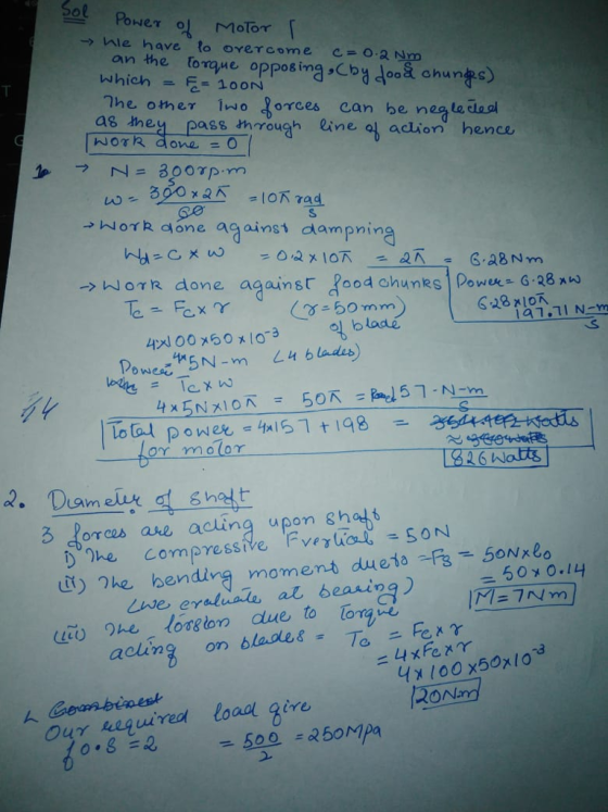 Motor an the toque opposing Cbo ohuns which 100N the omer wo orces can he neata cdasl as they pass rough line o adlion hence フ N-300rp.rn * NOTR adone aaainst dampmin WOTR done against Pood chunks Power G 28 익 blade 4: 00 x50 지0-3 owesu or molor hoc る forces aue acling upon gho4t he compressive. Ia ve γυου so he hending moment dueta 3 5ONxlo 29 4x 100 x50xlo3 ON ired loaol gire D.