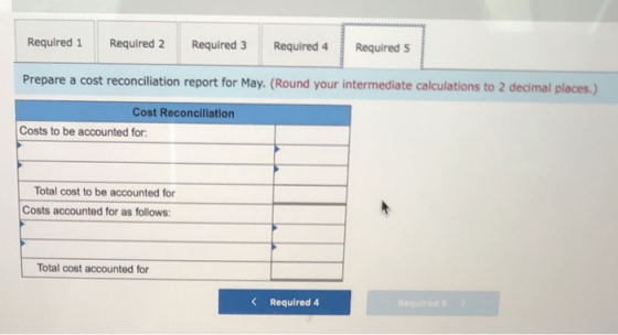 Required 1 Required 2 Required 3 Required 4 Required 5 Prepare a cost reconciliation report for May. (Round your intermediate