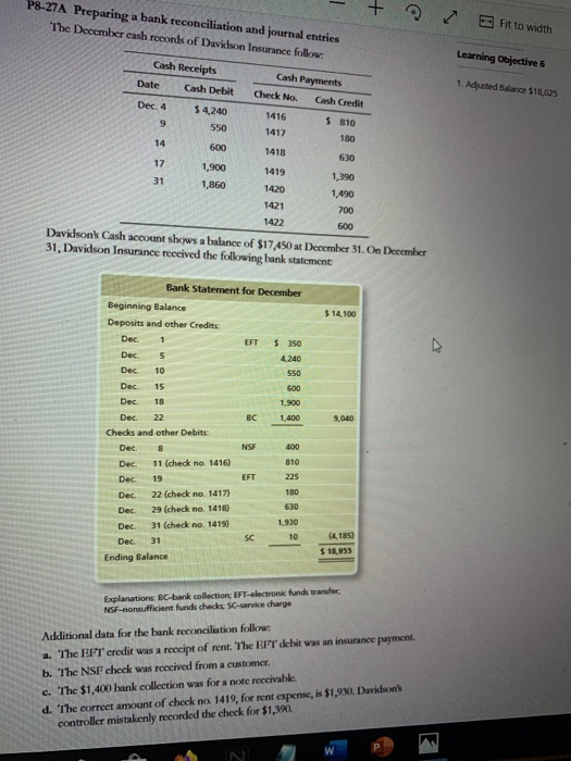 P8-27A Preparing a bank reconciliation and journal entries The December eash records of Davidson Insurance follow: + Fit to w