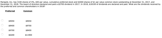 Marigold, Inc. has 3100 shares of 4%, $50 par value, cumulative preferred stock and 62000 shares of $1 par value common stock