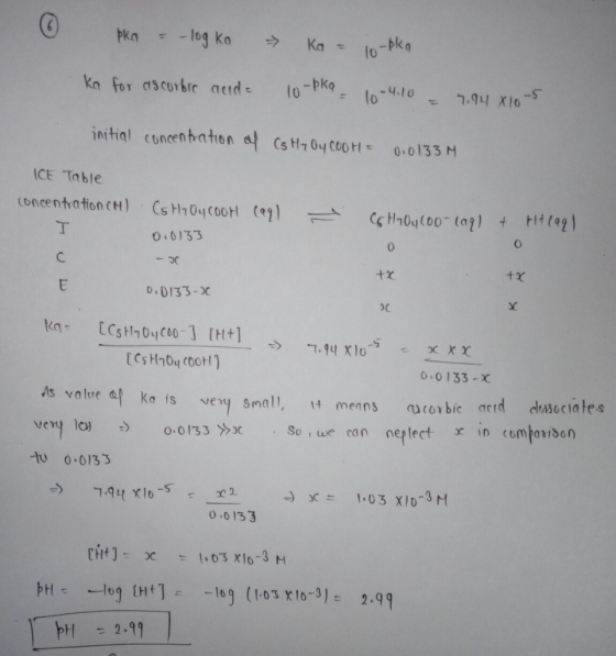 pkn - log Ka Ka lo-pka Kn for ascurbrc aeid t0-pkg lo-4.10 7.94 H10-5 initial concentation a s tH70y coo H 0.0133 M ICE Table