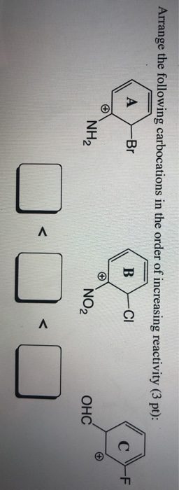 Arrange the following carbocations in the order of increasing reactivity (3 pt): Br CI NH2 NO2 OHC