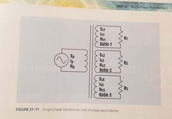 UNIT 27 Single-Phase Transformers Es1 ls1 ( CNs1 Ratio 1 . £s? es N52 Ratio 2 ( Is3 ( Ns3 ( Ratio 3 5 FIGURE 27-71 Single-pha