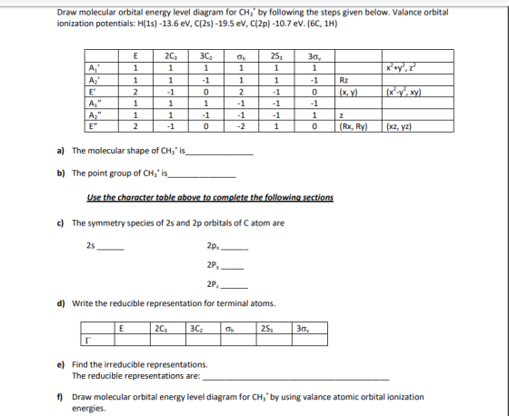 Draw molecular orbital energy level diagram for CH3 by following the steps given below. Valance orbital ionization potentials