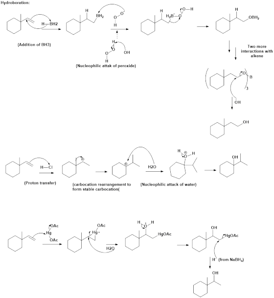 Hydroboration OBH2 (Addition of BH3) Two more interactions with alkene он (Nucleophilic attak of peroxide) 0 он он он H--Сі H20 (Proton transfer) (carbocation rearrangement to form stable carbocation( (Nucleophilic attack of water) OAc OH 9 Hg+ HgOAc gOAc H2 H (from NaBHA) он