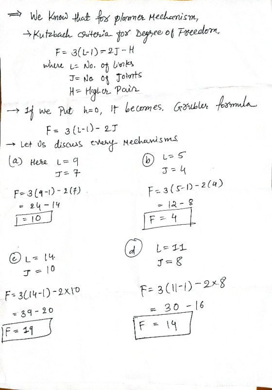 -> We know that for planner Mechanism, + Kutzbach Cluterzia. for Degsee of Freedom F= 3(L-1)-25-H where L= No. of links J= No