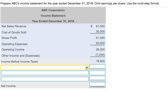 Prepare ABCs income statement for the year ended December 31, 2018. Omit earnings per share. Use the multi-step format. ABC