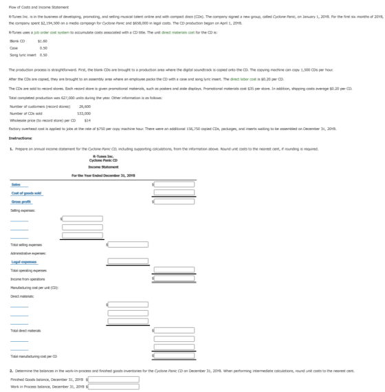 Flow of Costs and Income Statement R-Tunes Inc. is in the business of developing, promoting, and selling musical talent onlin