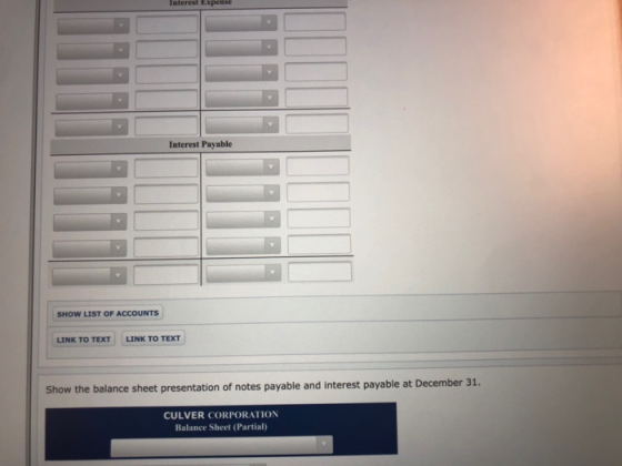 Interest Expense Interest Payable SHOW LIST OF ACCOUNTS LINK TO TEXT LINK TO TEXT Show the balance sheet presentation of note