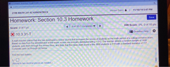 motoccom/Rudent/Perlomeworkahomeworld-5377 question d e alsedd:561/24 online Venise Davis & 11/10/19 5:47 PM Save 2198 MATH 2