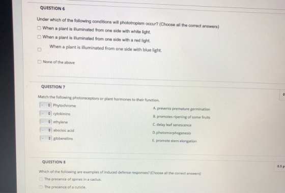 QUESTION 6 Under which of the following conditions will phototropism occur? (Choose all the correct answers) When a plant is