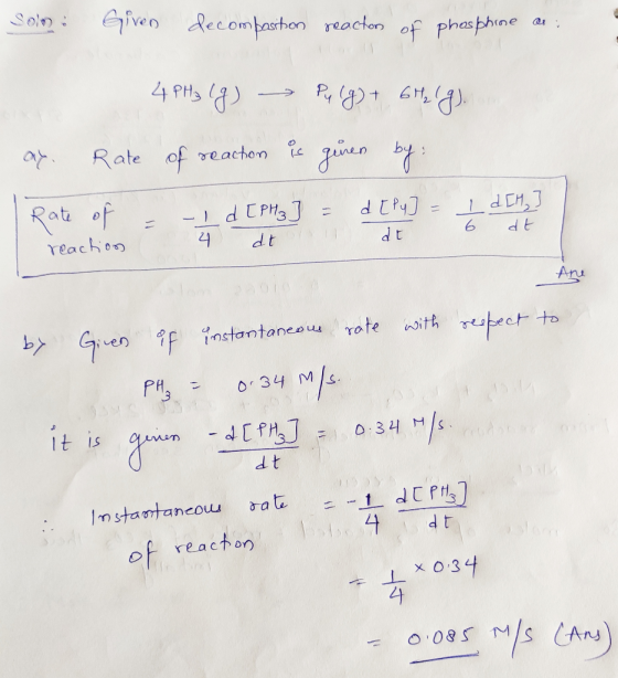 Given decompasthen Sol reacton of phasphine 4 PHs) eacton nen of Rate of d Py Rat - d EPH3 J 6 d t d t reachon Anu to bGuen 9