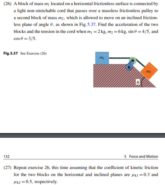(26) A block of mass mi located on a horizontal frictionless surface is connected by a light non-stretchable cord that passes