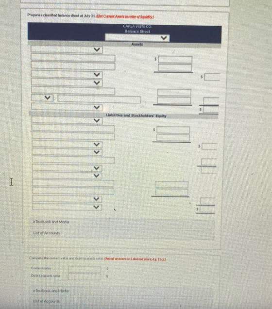 Prepare a classified balance sheet at ly 31. Atsioner of CARLA VISTA CO Balance Sheet Assets < Liabilities and Stockholders