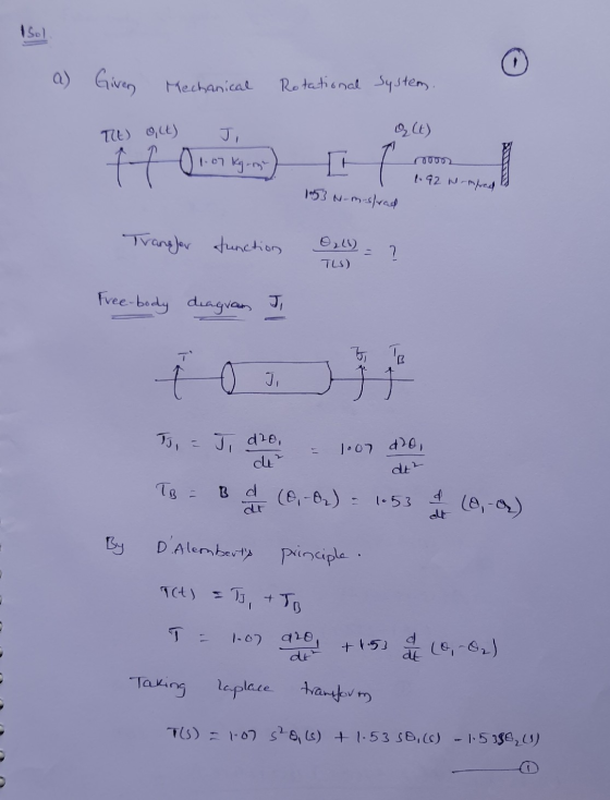 Sol a) Given Mechanical Rotational system, TIL 9,2) OLE) 1.67 kg-ig (70002 MS 1-92 ne-mprad 153 N-mistrad Tranejar tunction 2