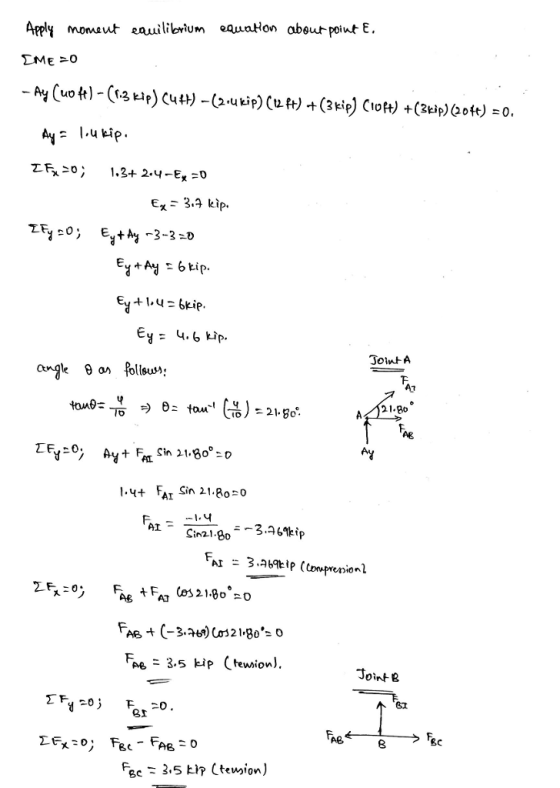 Appli momaut eauilevium eaua abeut point E. Σ.ME 0 Ay- I.uip Ex - 3.4 kip. y4.6 Mp- Joint A angle on ollsu9; tau. C 층)-21.g