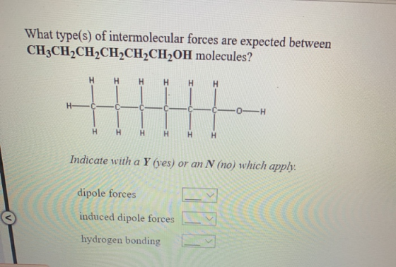 What type(s) of intermolecular forces are expected between CH3CH2CH2CH2CH2CH2OH molecules? Indicate with a Y (yes) or an N (n