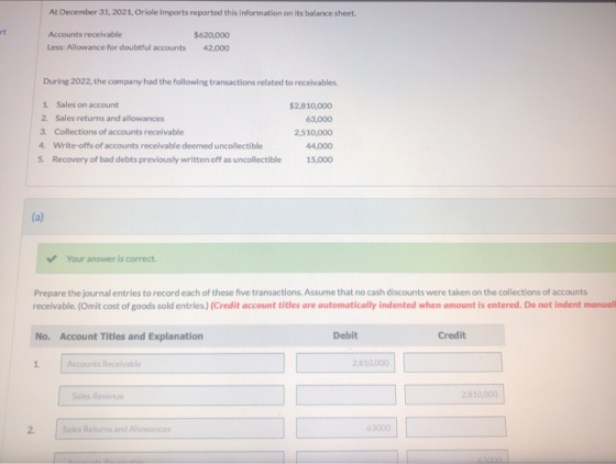 At December 31, 2021, Oriole Imports reported this information on its balance sheet. Accounts receivable Less: Allowance for