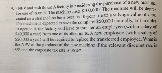 4. (NPV and cash flows) A factory is considering the purchase of a new machine for one of its units. The machine costs $100,0