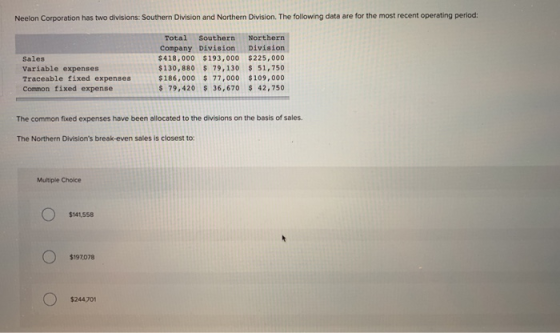 Neelon Corporation has two divisions: Southern Division and Northern Division. The following data are for the most recent ope