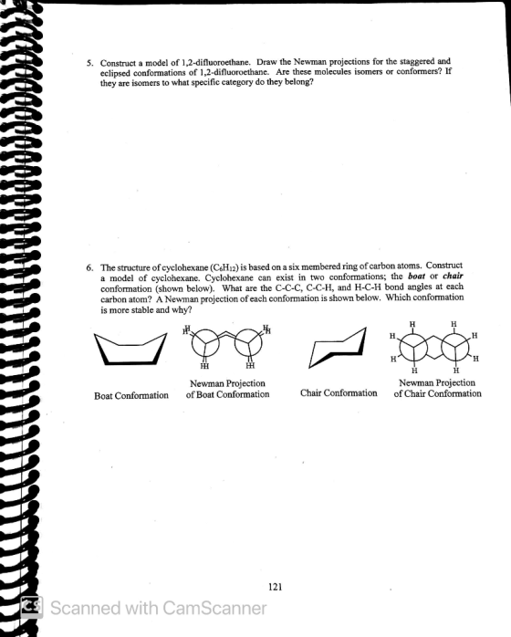 5. Construct a model of 1,2-difluoroethane. Draw the Newman projections for the staggered and eclipsed conformations of 1,2-d